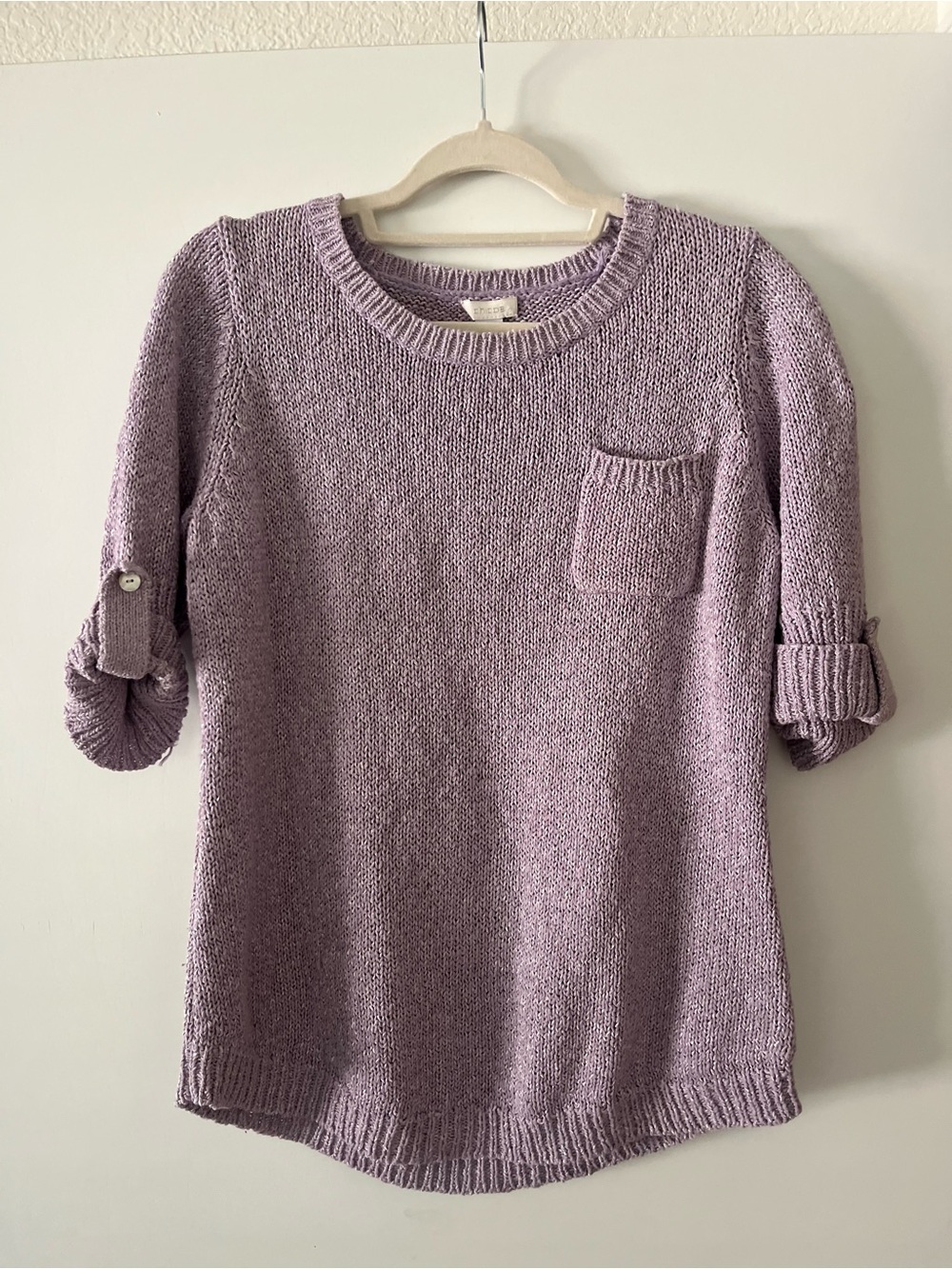 Chico's Lilac/lavendar Knit Roll-Sleeve Crewneck Sweater